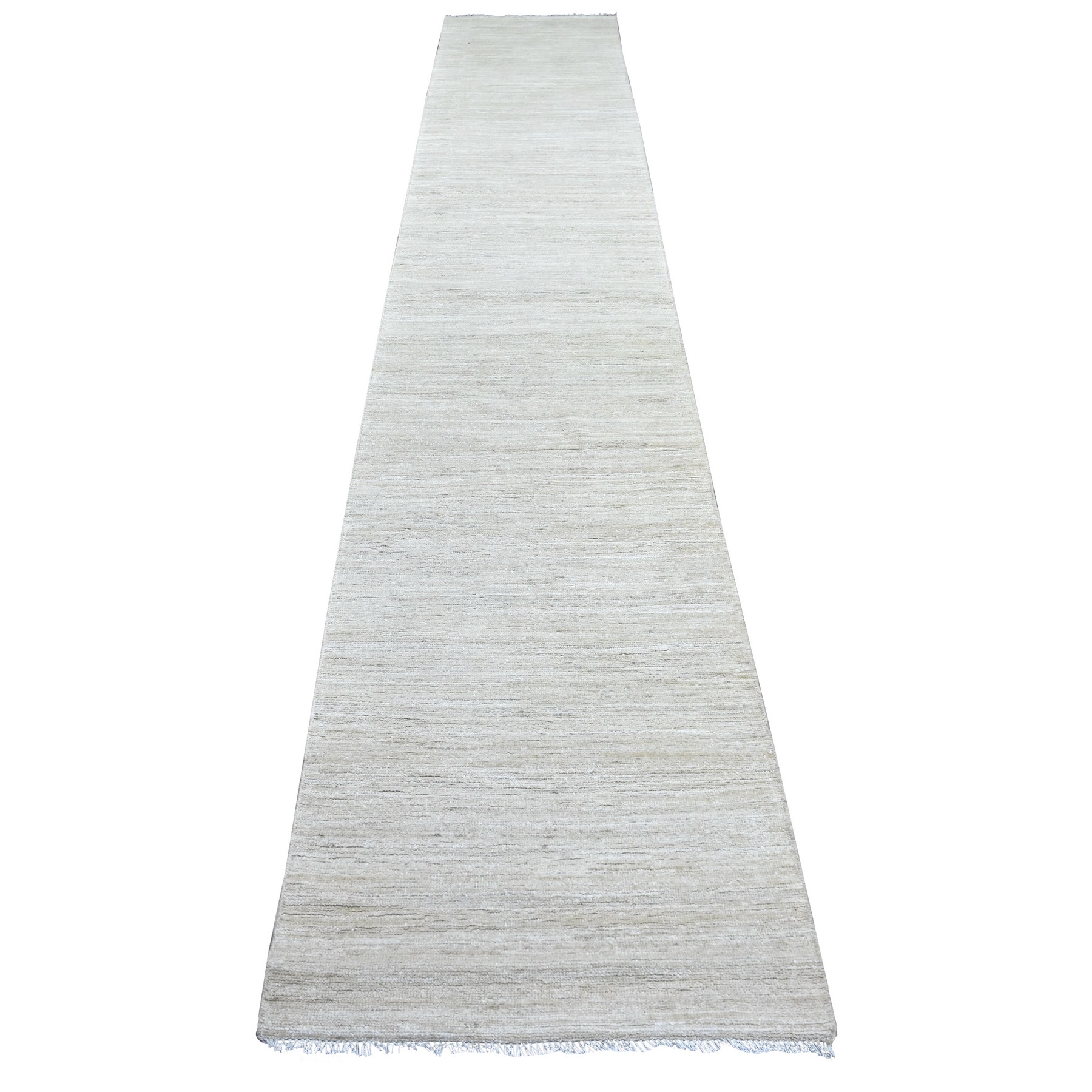 2'6"x14'3" Alabaster White, Plain Solid Pattern, Hand Knotted, Hand Spun Ghazni Wool, Lush and Plush, Runner, Oriental Rug 